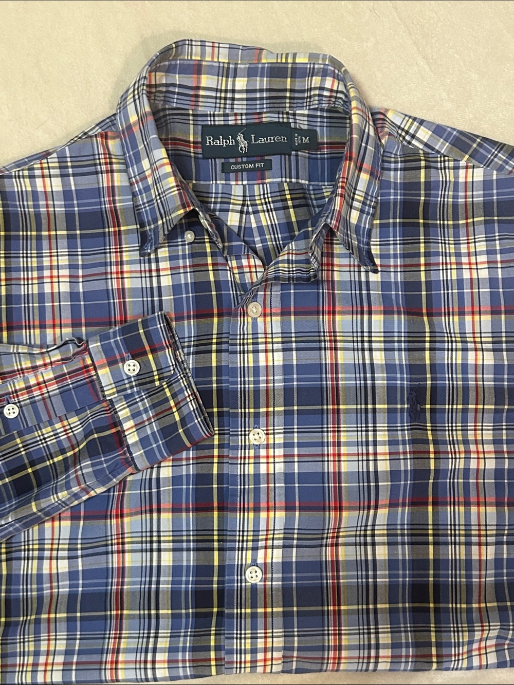 Polo Ralph Lauren Shirt Mens Medium M Plaid Button Down Blue Custom Fit Cotton